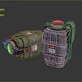 Two Tactical Military Explosive Weapon Units With Metallic Surface Warning Labels And Indicator Lights