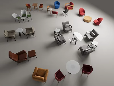 Modern Accent Chairs In Various Colors With Round Tables And Lounge Seating 3d model
