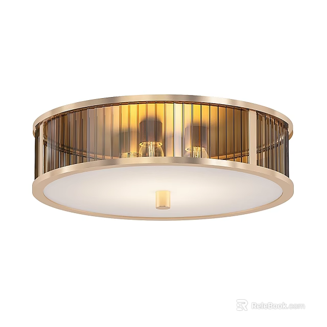 Round Flush Mount Ceiling Light with Golden Striped Frame and White Lampshade 3d model