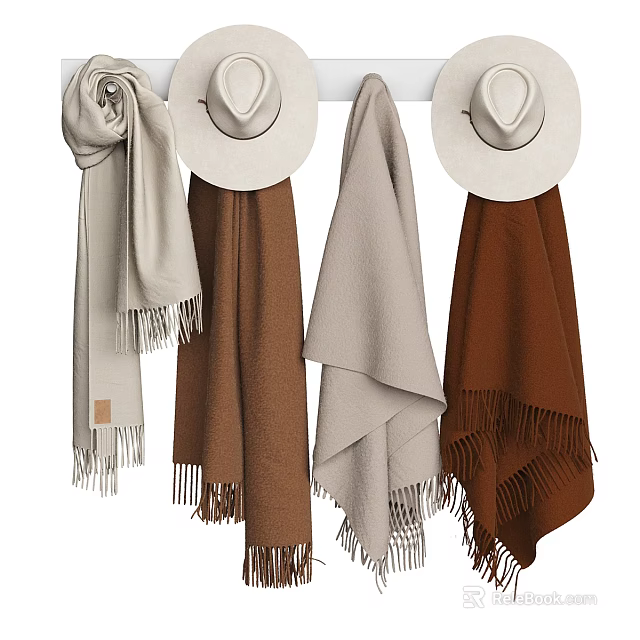Neutral Toned Scarves And Hats Hanging On Wall Hooks With Fringed Edges 3d model 