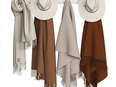 Neutral Toned Scarves And Hats Hanging On Wall Hooks With Fringed Edges 3d model