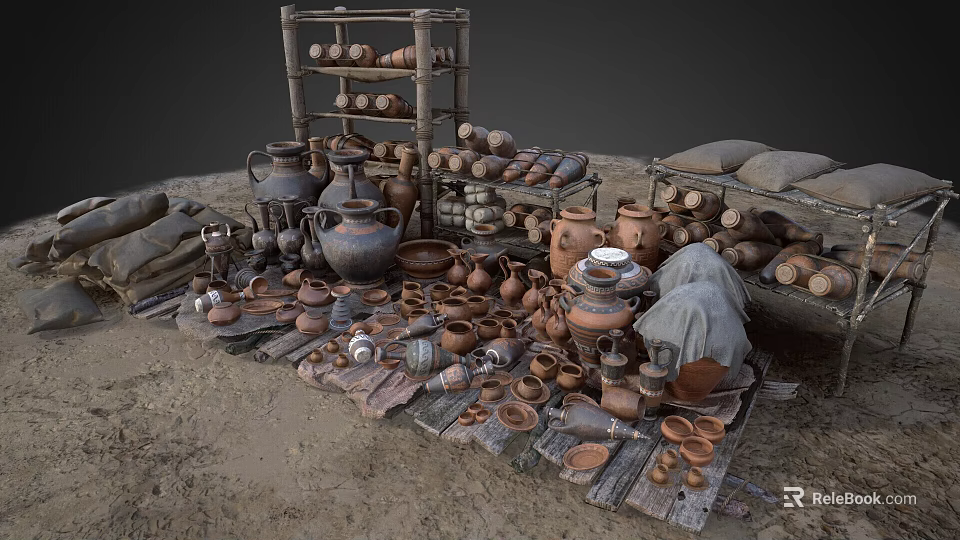Traditional Handcrafted Clay Tea Sets Display With Various Pots On Shelf And Ground 3d model 
