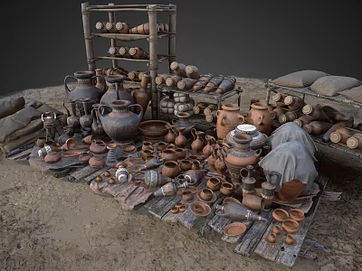 Traditional Handcrafted Clay Tea Sets Display With Various Pots On Shelf And Ground 3d model