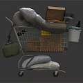 Shopping Cart Filled With Blanket Wooden Crate Bucket And Green Bottle