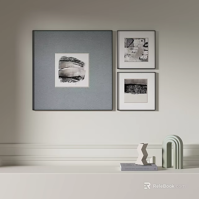 Gray Framed Wall Art Black White Patterns Decorative Objects on Shelf Geometric Arched Decor 3d model