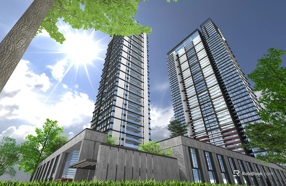 Modern High Rise Residential Buildings Exterior With Lush Greenery And Bright Sunshine 3d model 