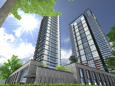 Modern High Rise Residential Buildings Exterior With Lush Greenery And Bright Sunshine 3d model