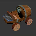 Vintage Wooden Toy Cart With Spoked Wheels Striped Body And Checkered Seat