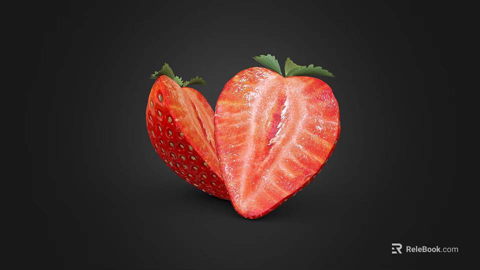 Fresh Ripe Strawberry Split Halves With Green Leaves On Black Background 3d model 