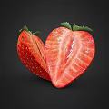 Fresh Ripe Strawberry Split Halves With Green Leaves On Black Background