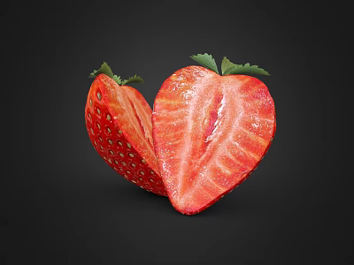 Fresh Ripe Strawberry Split Halves With Green Leaves On Black Background 3d model