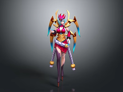 Mythical Female Character in Ornate Red Gold Costume with Winged Headdress and Blue Accents Standing 3d model