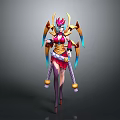 Mythical Female Character in Ornate Red Gold Costume with Winged Headdress and Blue Accents Standing
