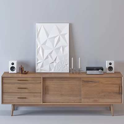 Modern Wooden TV Stand with Geometric Decorative Painting Speakers Candles and Radio 3d model