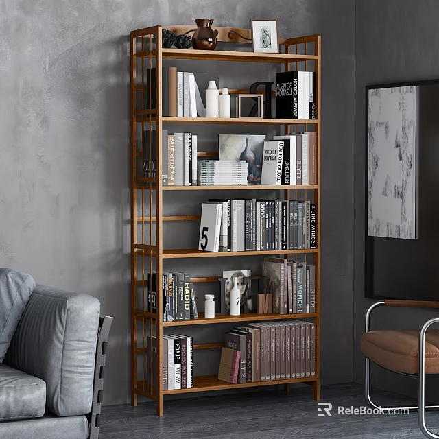 Modern Wooden Multi Tiered Bookshelf With Books And Decorative Items 3d model 