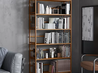 Modern Wooden Multi Tiered Bookshelf With Books And Decorative Items 3d model