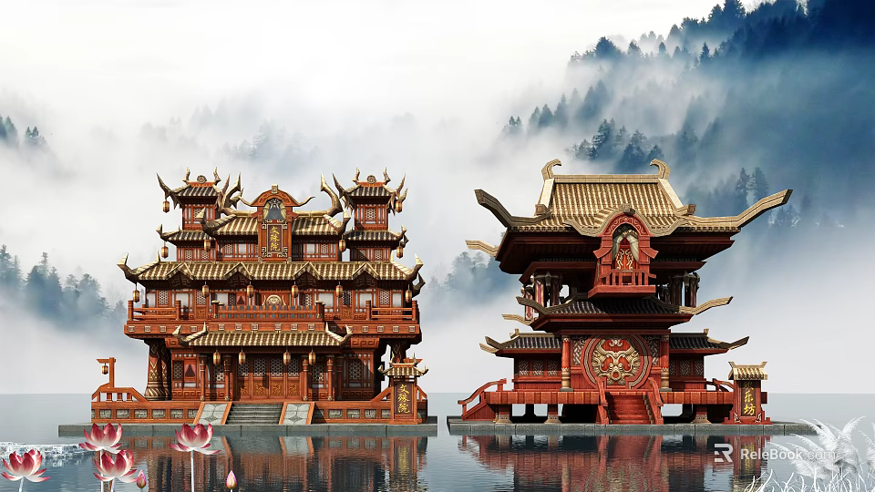 Cartoon Style Chinese Ancient Boat Red Wood Multi Layered Eaves Golden Decor Misty Mountain Lotus Water 3d model 
