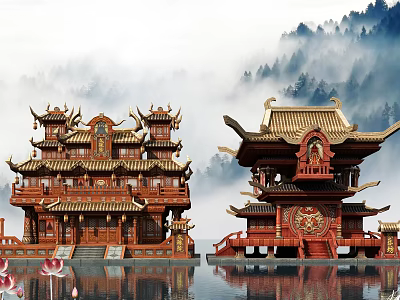 Cartoon Style Chinese Ancient Boat Red Wood Multi Layered Eaves Golden Decor Misty Mountain Lotus Water 3d model