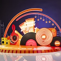 Birthday Concert Stage Design With Vinyl Records Music Notes Speakers and City Skyline