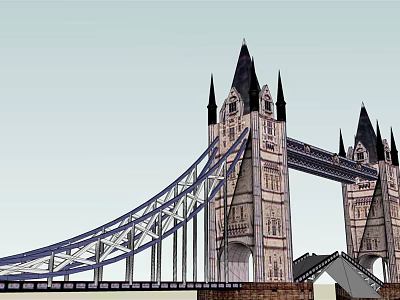 Iconic Tower Bridge With Twin Towers Pointed Spires And Steel Cable Architectural Design 3d model