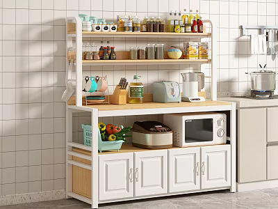 White Kitchen Storage Cabinet with MultiLayer Shelves Spices Utensils Microwave and Fruit Basket 3d model