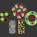 Assorted Desserts On Stands With Purple Cake Cupcakes Fruit Topped Loaf And Swiss Roll