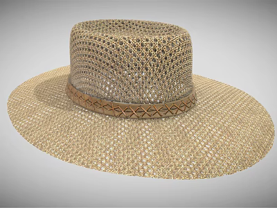 Wide Brim Straw Hat With Woven Texture And Decorative Leather Band For Summer Wear 3d model