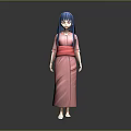 Anime Style Female Character 3D Model Featuring Blue Hair Pink Kimono Red Belt Design