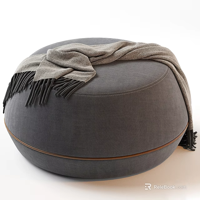 Stylish Round Gray Armchair with Fringed Throw Blanket and Brown Trim 3d model 