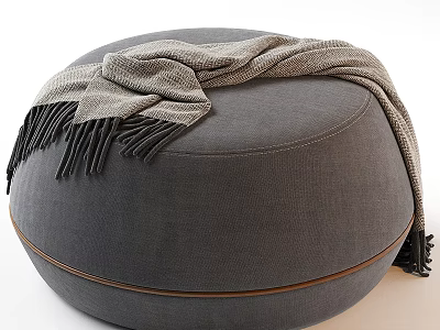 Stylish Round Gray Armchair with Fringed Throw Blanket and Brown Trim 3d model