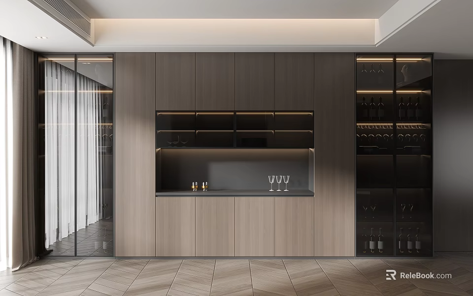 Elegant Modern Wine Cabinet With Wooden Frame Glass Doors And Built-in LED Lights 3d model 