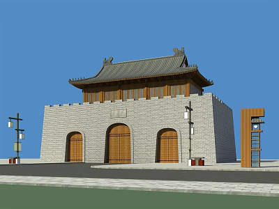 Traditional Ancient Chinese Architecture Featuring Gray Stone Walls Wooden Curved Eaves And Three Arched Doors 3d model
