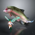 Fantasy Game Movie Character Fairy With Green Wings Standing By Giant Rainbow Trout