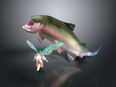 Fantasy Game Movie Character Fairy With Green Wings Standing By Giant Rainbow Trout 3d model