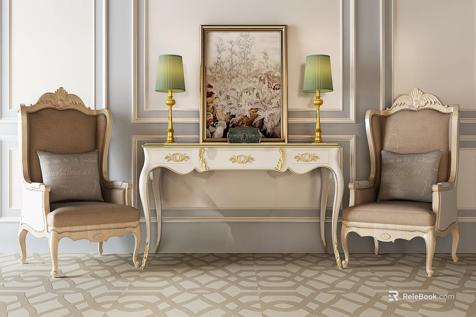Elegant Console Table with Armchairs Table Lamps Artwork and Ornate White Gold Decorative Details 3d model 