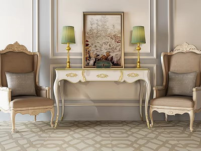 Elegant Console Table with Armchairs Table Lamps Artwork and Ornate White Gold Decorative Details 3d model