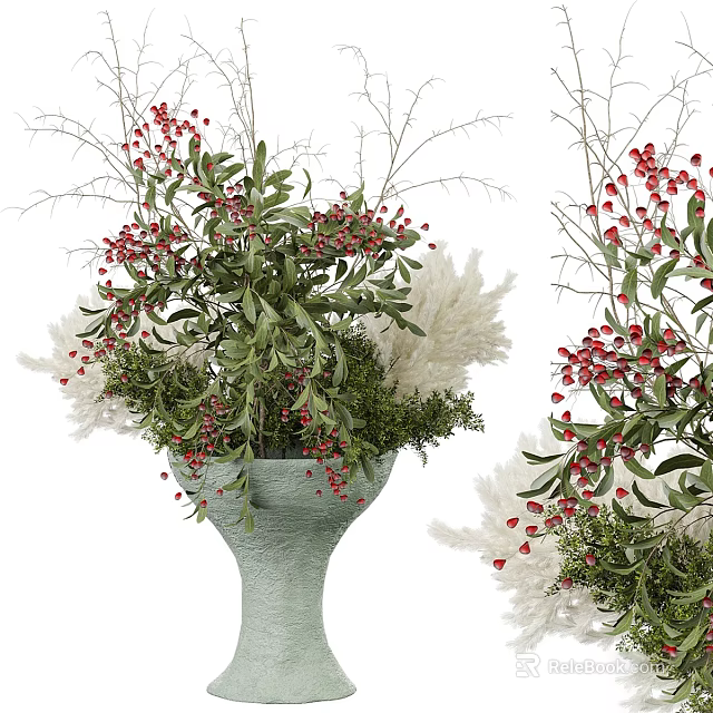 Decorative Vase Arrangement With Red Berries Green Leaves And White Feathery Plants 3d model 