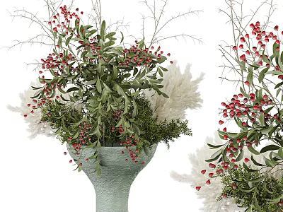 Decorative Vase Arrangement With Red Berries Green Leaves And White Feathery Plants 3d model