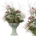 Decorative Vase Arrangement With Red Berries Green Leaves And White Feathery Plants