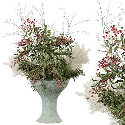 Decorative Vase Arrangement With Red Berries Green Leaves And White Feathery Plants 3d model
