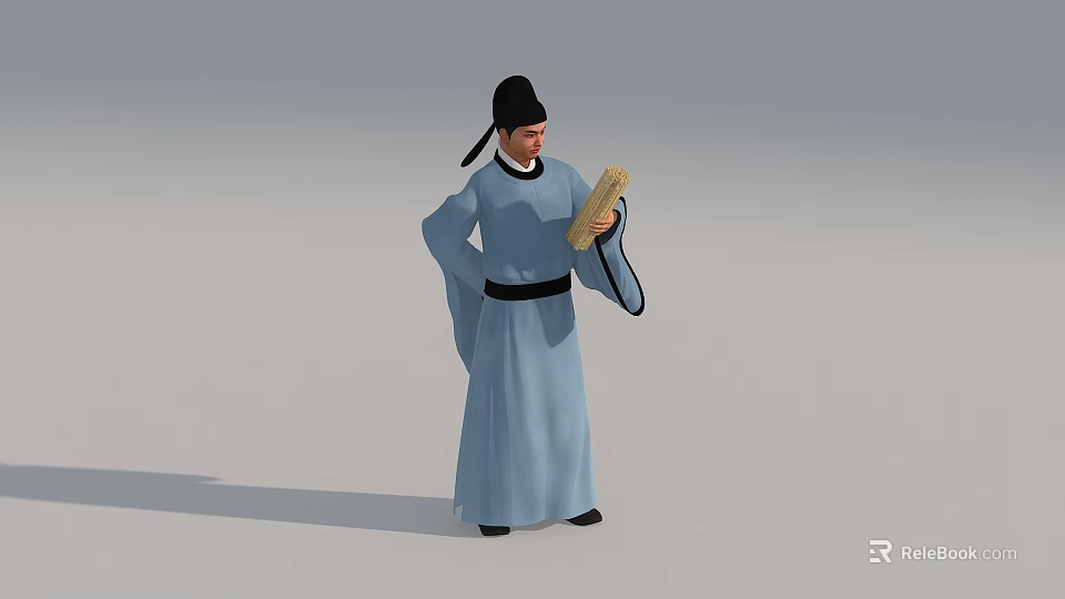 Man in Traditional Attire Wearing Black Hat and Light Blue Robe Holding Scroll 3d model 