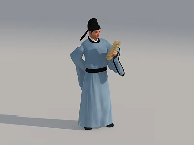 Man in Traditional Attire Wearing Black Hat and Light Blue Robe Holding Scroll 3d model