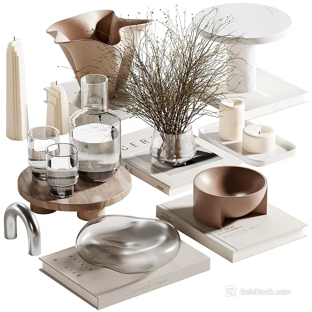 Modern Minimalist Decorative Ornament Set With Vases Candles Glass Cups Wooden Tray And Metal Bowl 3d model 
