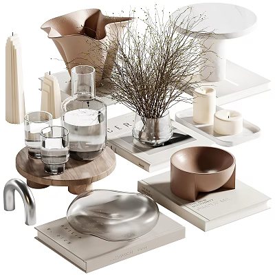 Modern Minimalist Decorative Ornament Set With Vases Candles Glass Cups Wooden Tray And Metal Bowl 3d model