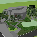 Modern Sales Office Building With Stone Facade And Tree Surrounded Entrance Walkway