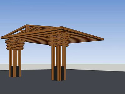Elegant Wooden Outdoor Pavilion Structure With Sloped Roof And Decorative Columns 3d model