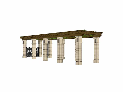 Outdoor Pergola Design With Stone Columns Wooden Top And Climbing Green Vines 3d model