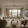 Modern Living Room Interior With Curved Sofa Armchairs Chandelier Coffee Table And Artwork