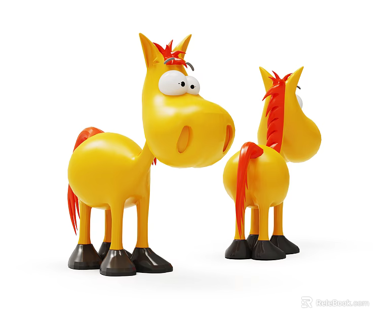 Two Yellow Horse Dolls With Red Manes Tails Black Hooves Front Back Views 3d model 
