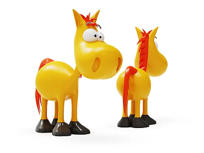 Two Yellow Horse Dolls With Red Manes Tails Black Hooves Front Back Views 3d model
